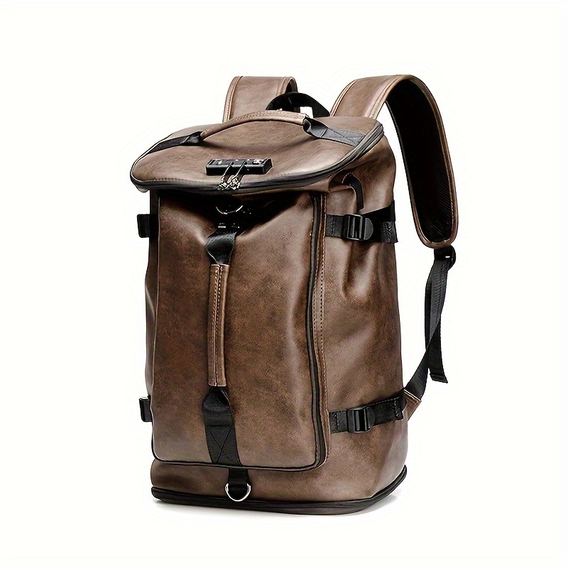 Men's Large Capacity Backpack Multi-functional Portable Travel Bag Trendy Lightweight PU Leather Bucket Backpack With Shoe Space For Outdoor Sports Travel - Click Image to Close