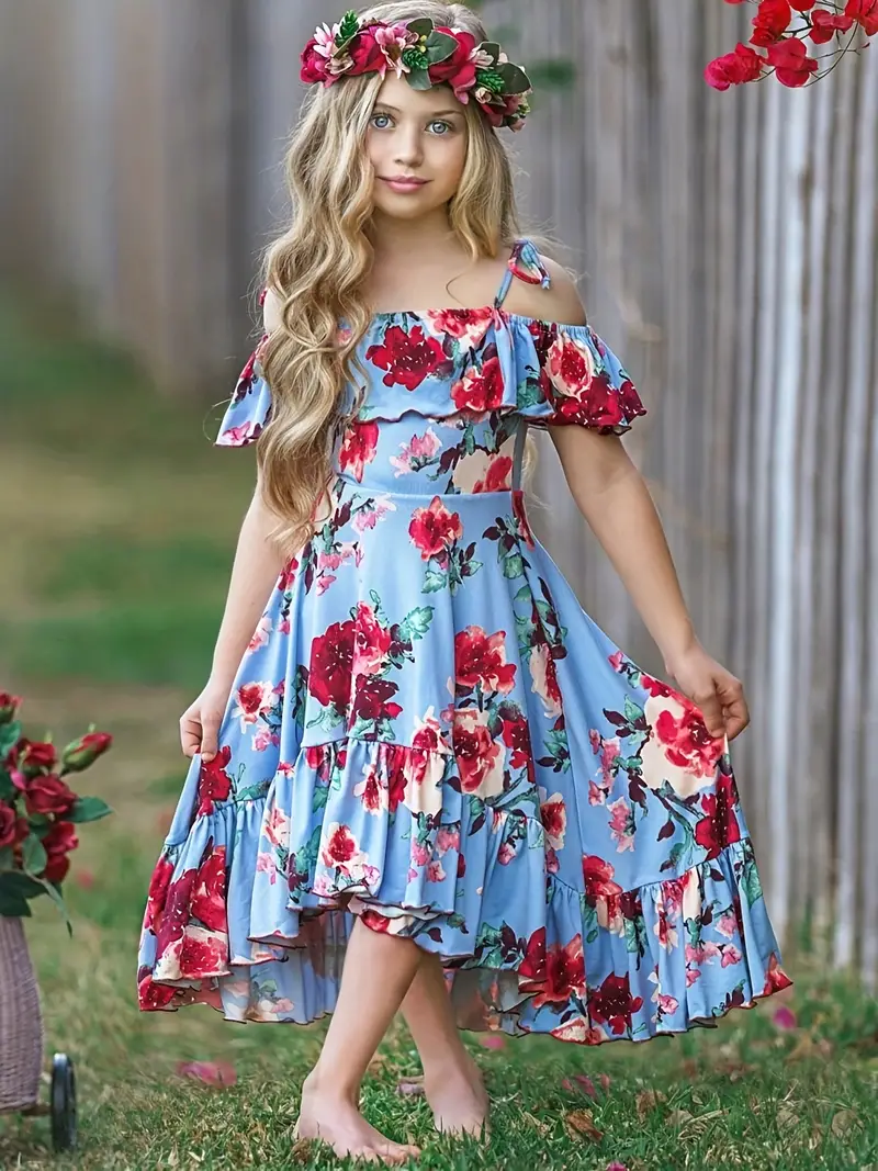 girls ruffle trim cold shoulder flowers graphic asymmetrical ruffled hem princess dress for party beach vacation kids summer clothes details 6