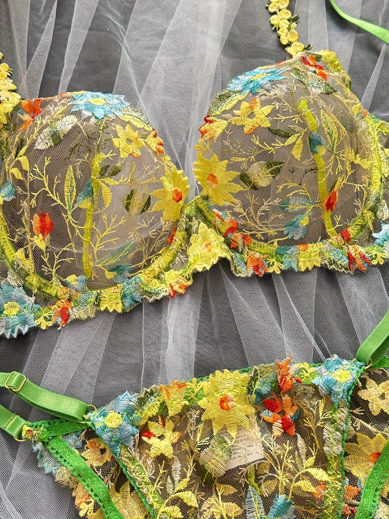 Floral Embroidery Lingerie Set Mesh Sheer Unlined Bra + G - Temu
