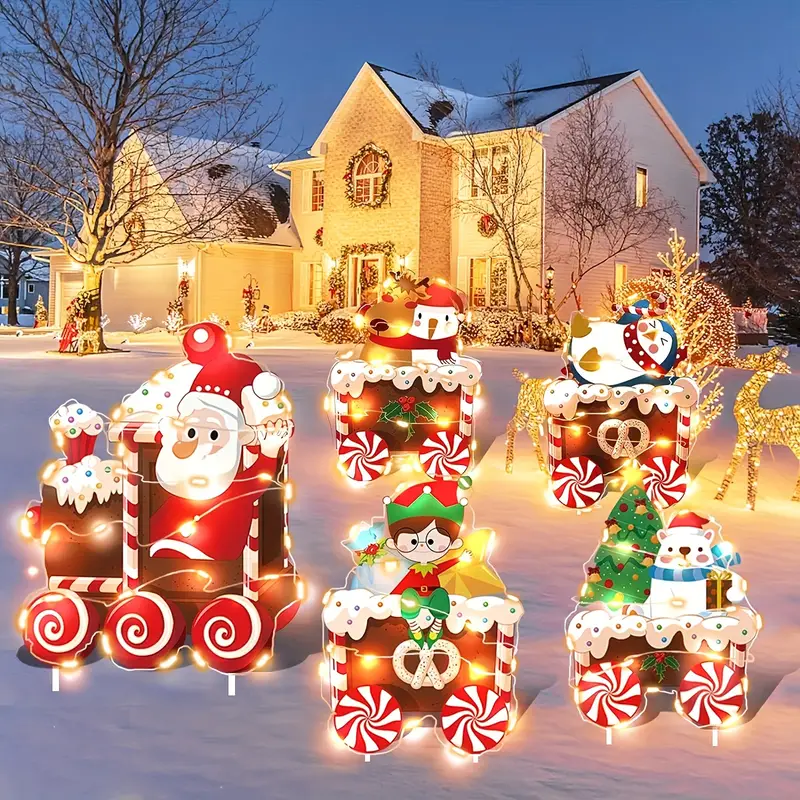 5pcs christmas train station sign with led light christmas tree christmas elf snowman train collection lawn floor insert decoration holiday christmas lawn garden yard decoration without battery details 5