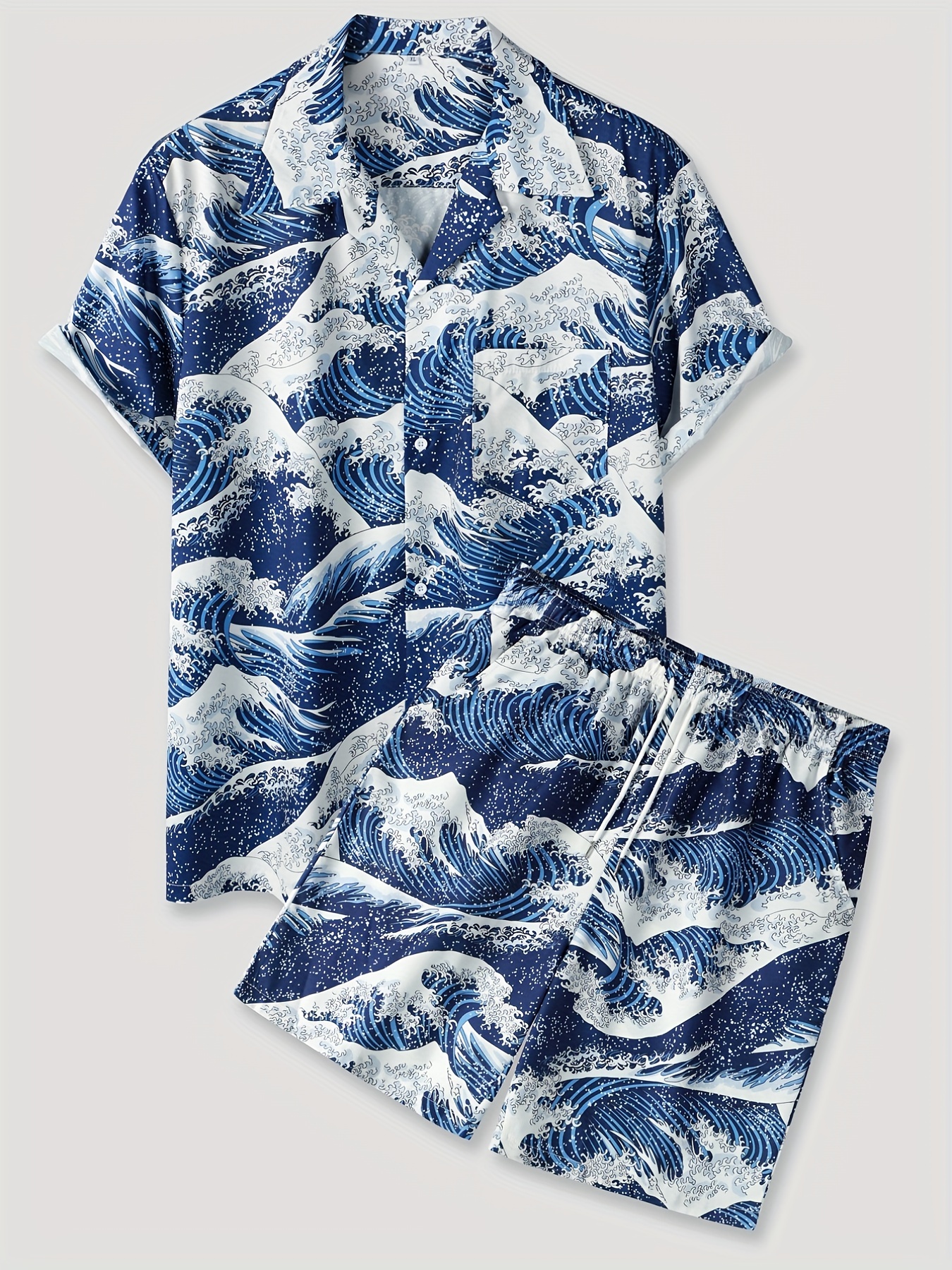 Sea Waves Full Pattern, Men's Outfits, Revere Collar Short Sleeve