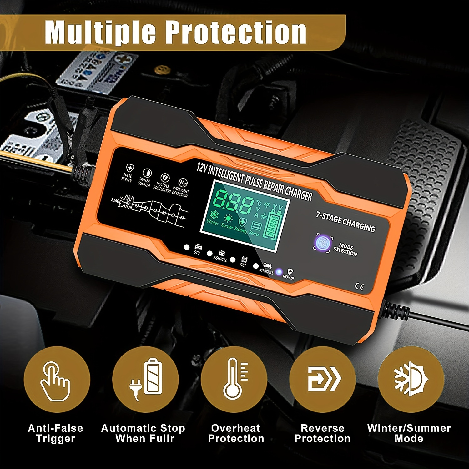 Eu Plug 12a 12v Car Battery Charger Full Automatic Digital - Temu
