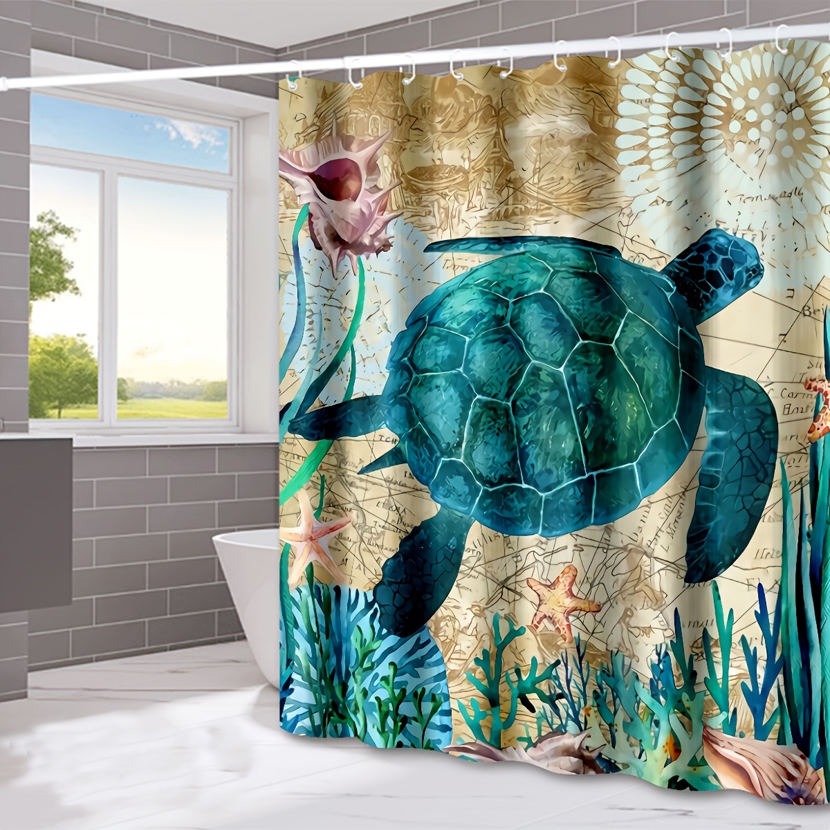 1pc Turtle Marine Plant & Seaweed Shower Curtain 72 x72 Waterproof