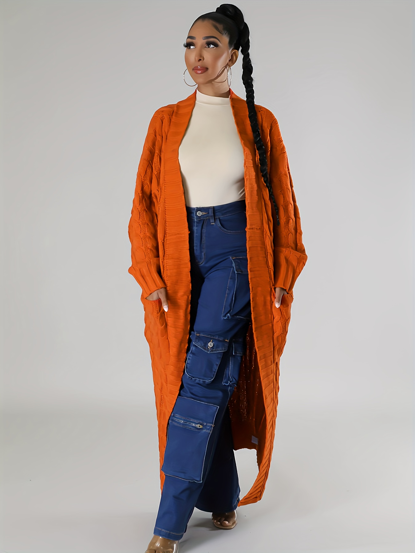 Solid Open Front Cardigan Casual Long Sleeve Drop Shoulder - Temu