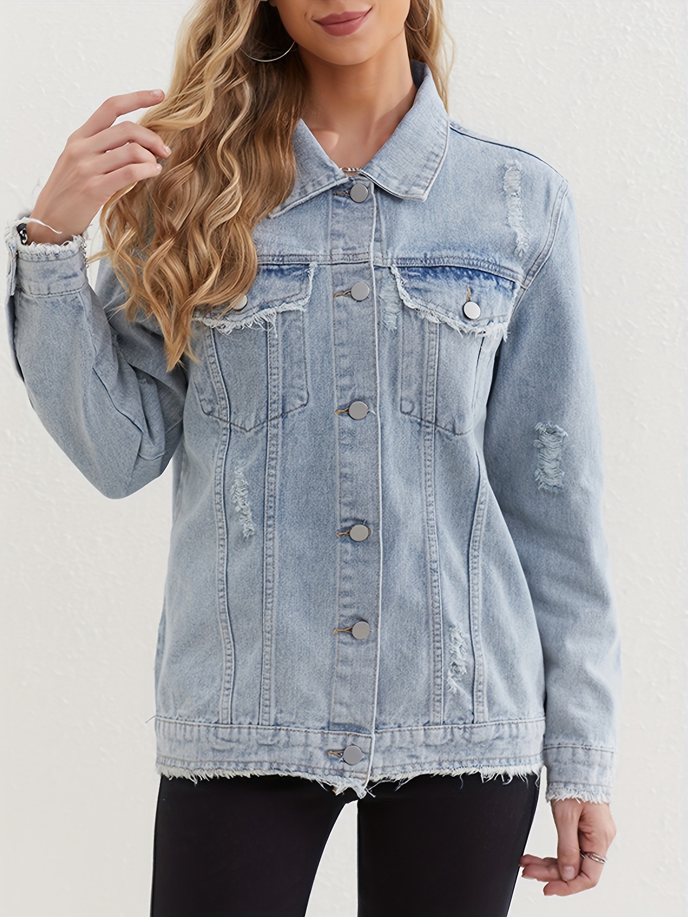 Blue Washed Ripped Holes Denim Jackets, Long Sleeves Hem Lapel Denim Coats,  Women's Denim Jeans & Clothing - Temu