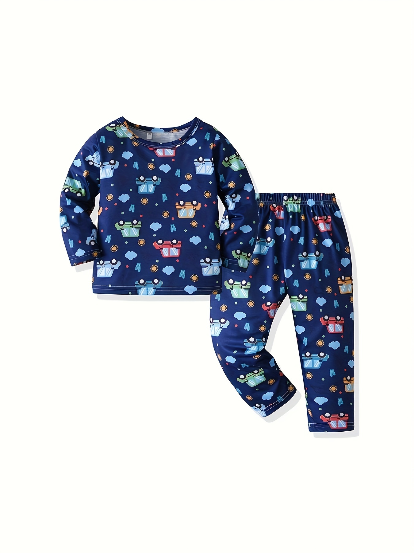 Toddler Boys 2-piece Trendy Pajama Sets Allover Cartoon Cars Pattern Round  Neck Long Sleeve Top & Matching Pants Comfy Casual PJ Sets