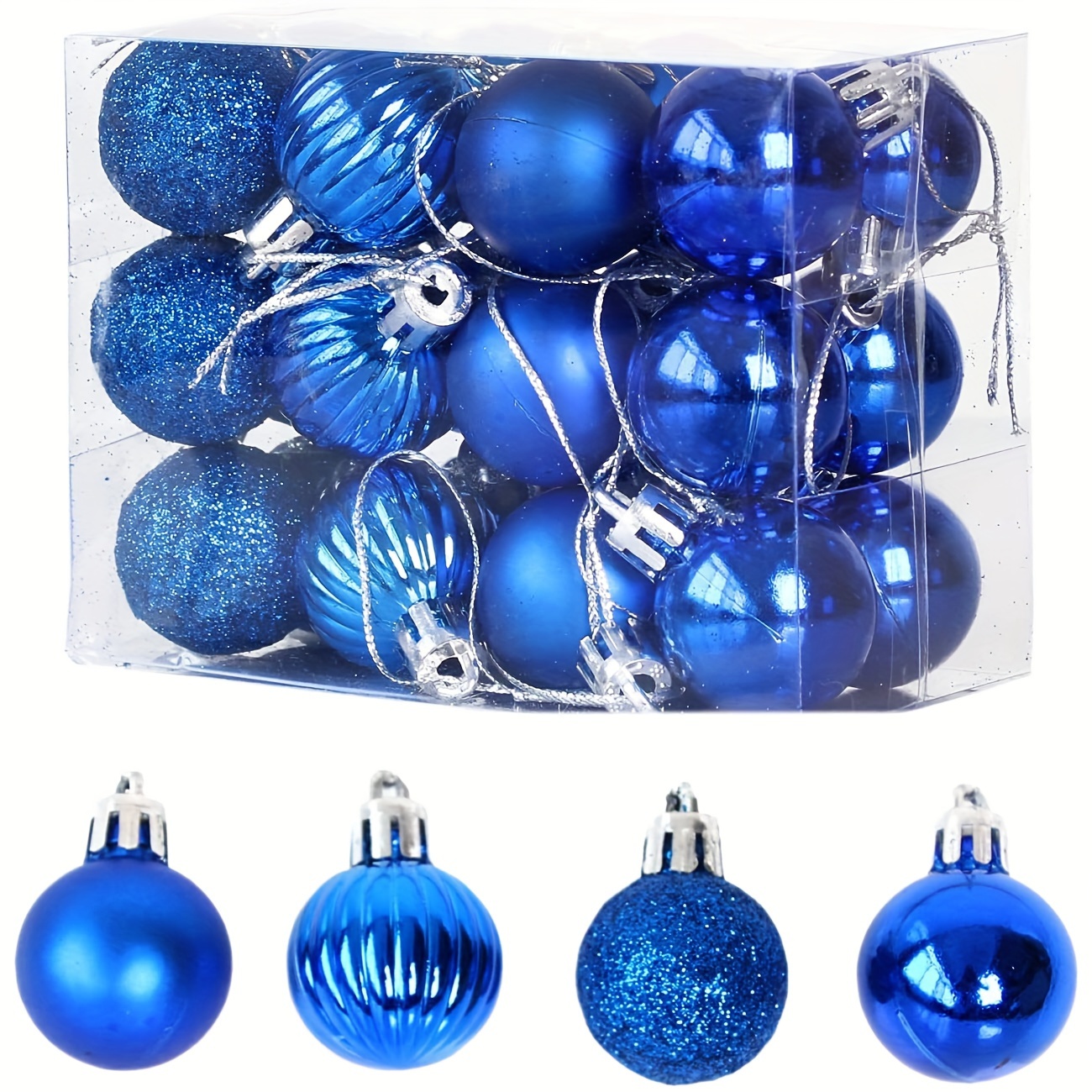 24 Pcs Christmas Balls Ornaments for Xmas Tree - Shatterproof Christmas Tree Decorations Small Hanging Ball 1.18 inch ,4 Style, Blue