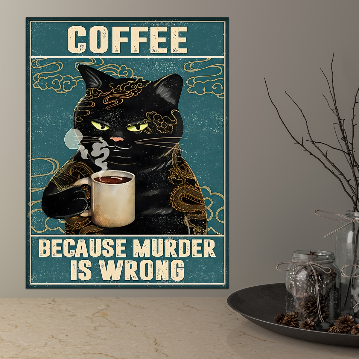 1pc Black Cat Lovers Coffee Poster Wall Art Prints Home Decor Canvas Painting Unframed