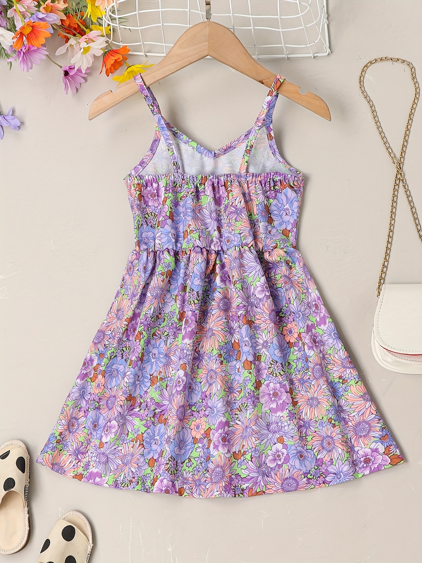 little girls cute sundress floral pattern party beach dress v neck elastic waist camisole dress for summer details 6