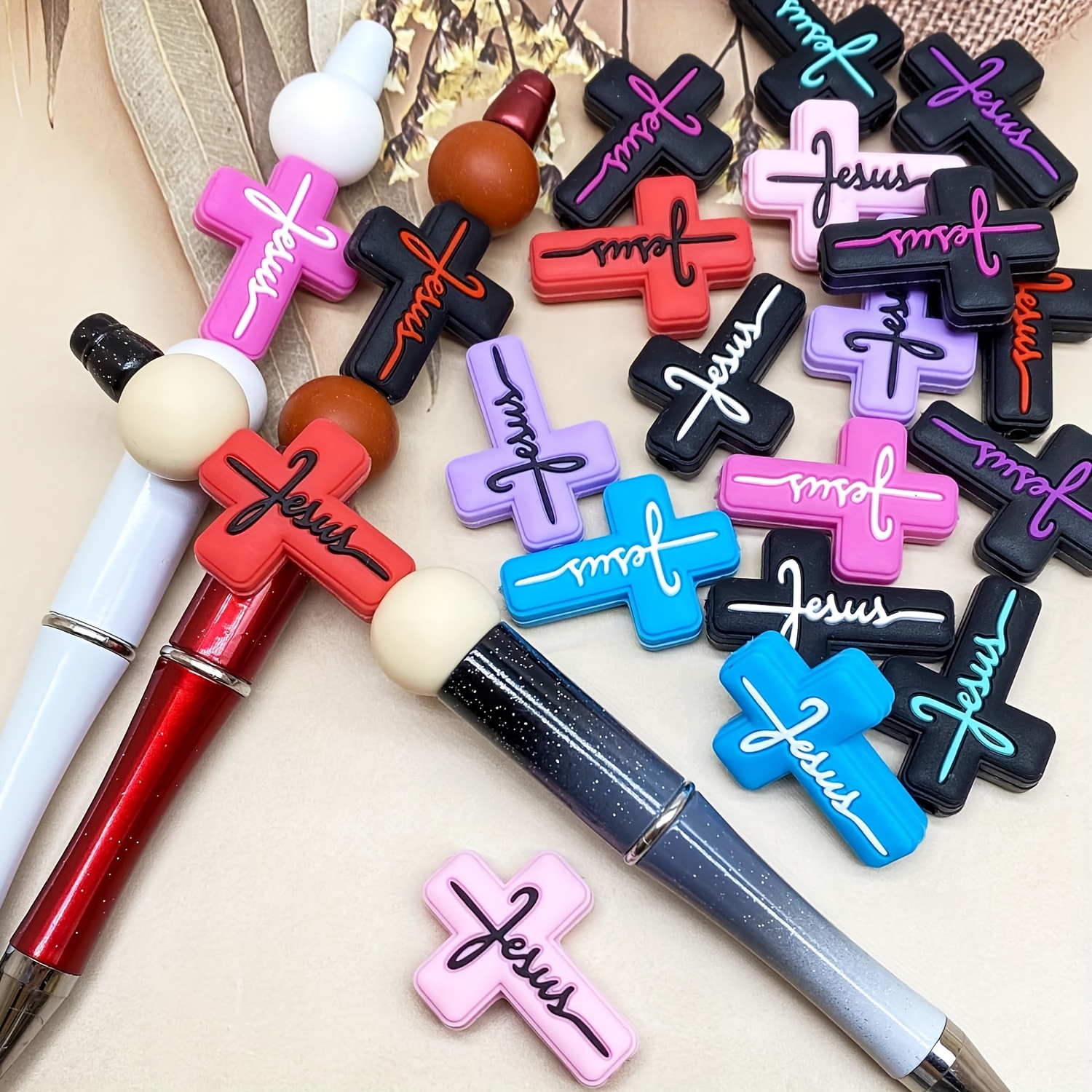 8pcs Cross Silicone Focal Beads For Jewelry Making DIY Creative Pens  Characters Decors Key Bag Chain Bracelet Necklace Handmade Craft Supplies