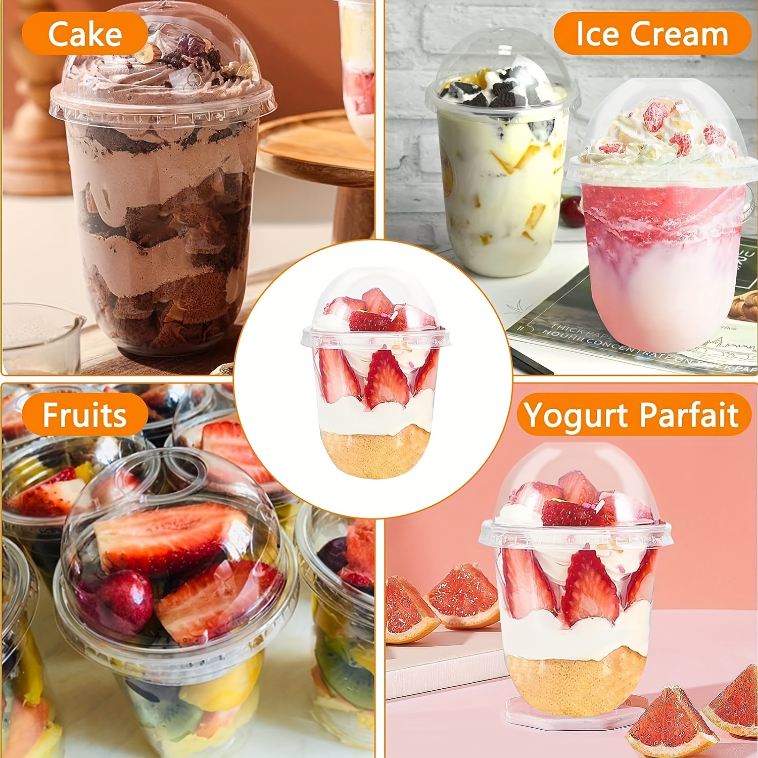 8 oz Clear Plastic Dessert Cups with Dome Lids No Hole - 25 Sets Disposable Snack Bowls for Ice Cream, Parfait, Banana Pudding, Jello and Individual