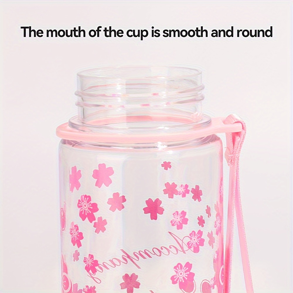 1pc 17oz/500ml Pink Flower Pattern Water Bottle, Simple Transparent Plastic  Water Cup With Handle, Portable Leakproof For Outdoor Fitness, Sports And