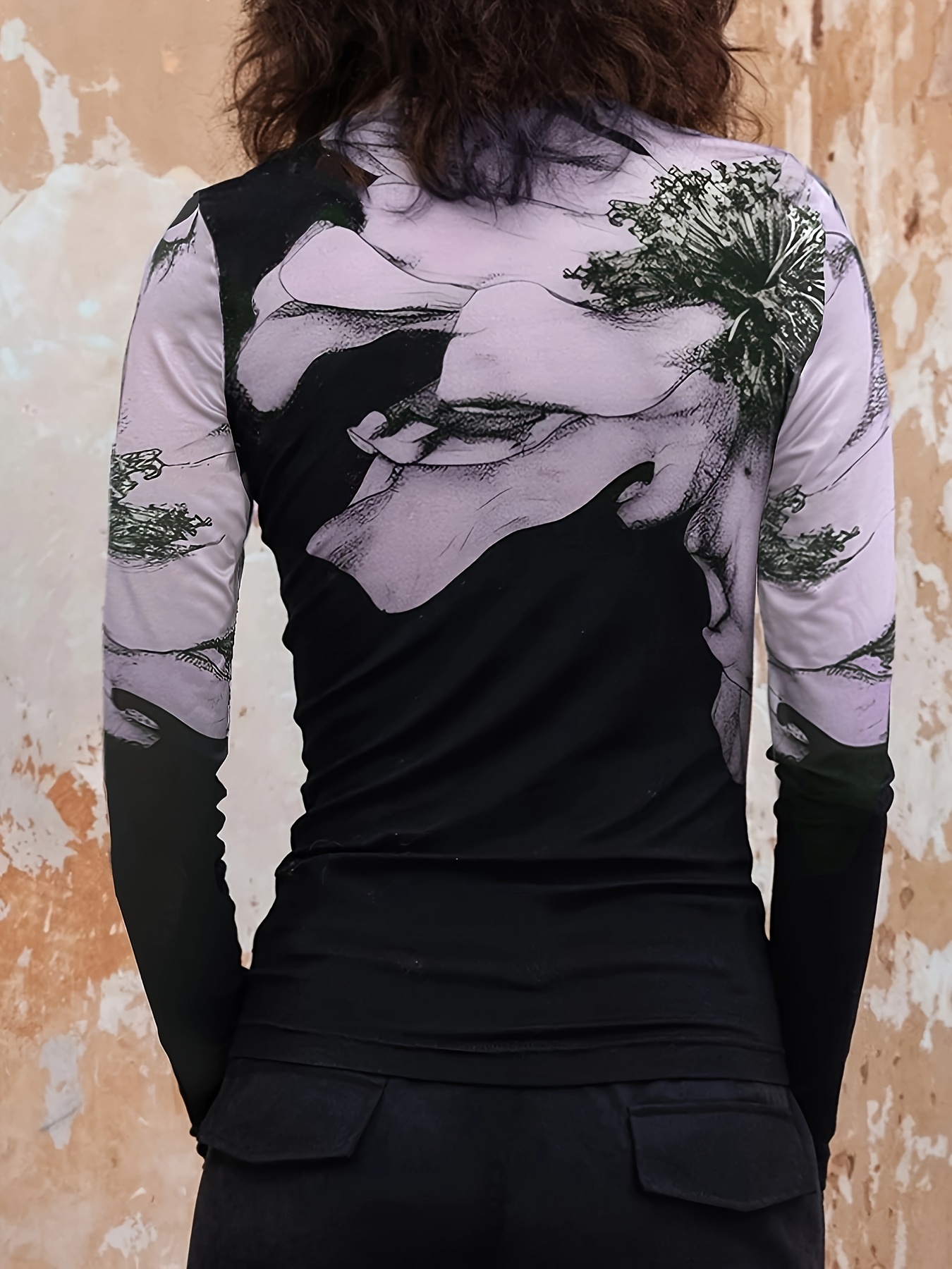 all over print mock neck t shirt casual long sleeve top for spring fall womens clothing light purple 1