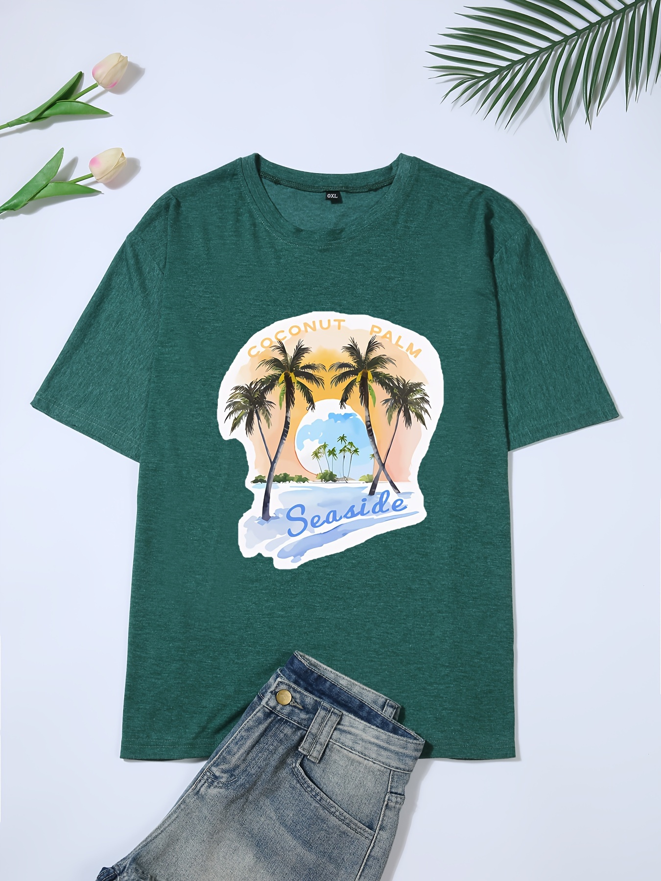 Plus Size Seaside Print T shirt Casual Crew Neck Short - Temu New Zealand