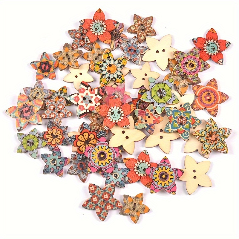 Wood Buttons For Crafts, Mixed Pattern Wooden Buttons Star Buttons