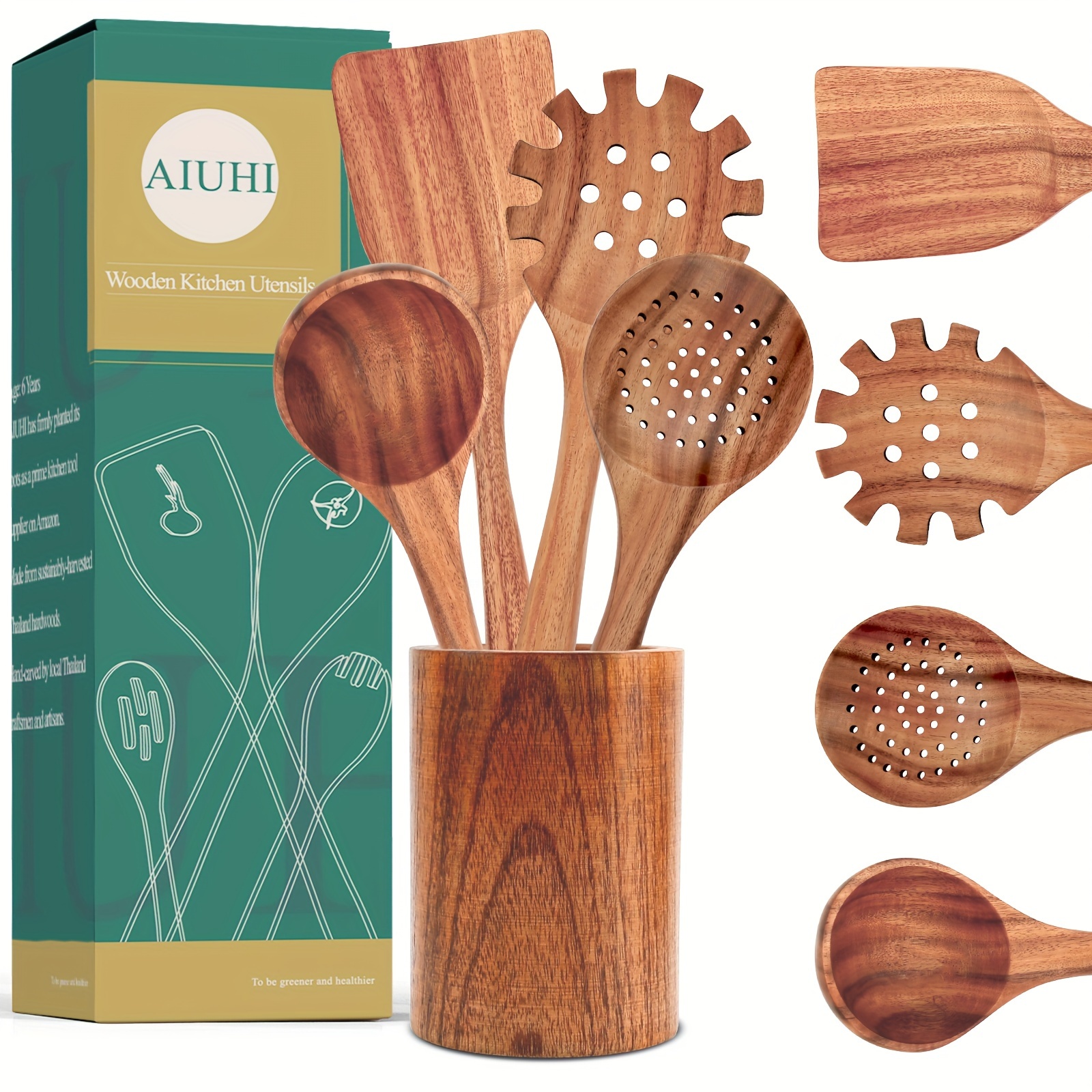 Utensilios de madera para cocinar: 8 utensilios de cocina de madera de teca  natural, juego de utensilios de cocina de madera, cucharas de madera para