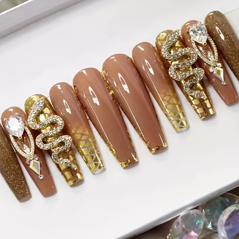 

24pcs Fall Winter Brown Fake Nails, 3d Snake Shape Rhinestone Press On Nails With Design, Golden Foil Glue On Nails, Full Cover Extra Long Coffin False Nails For Women And Girls