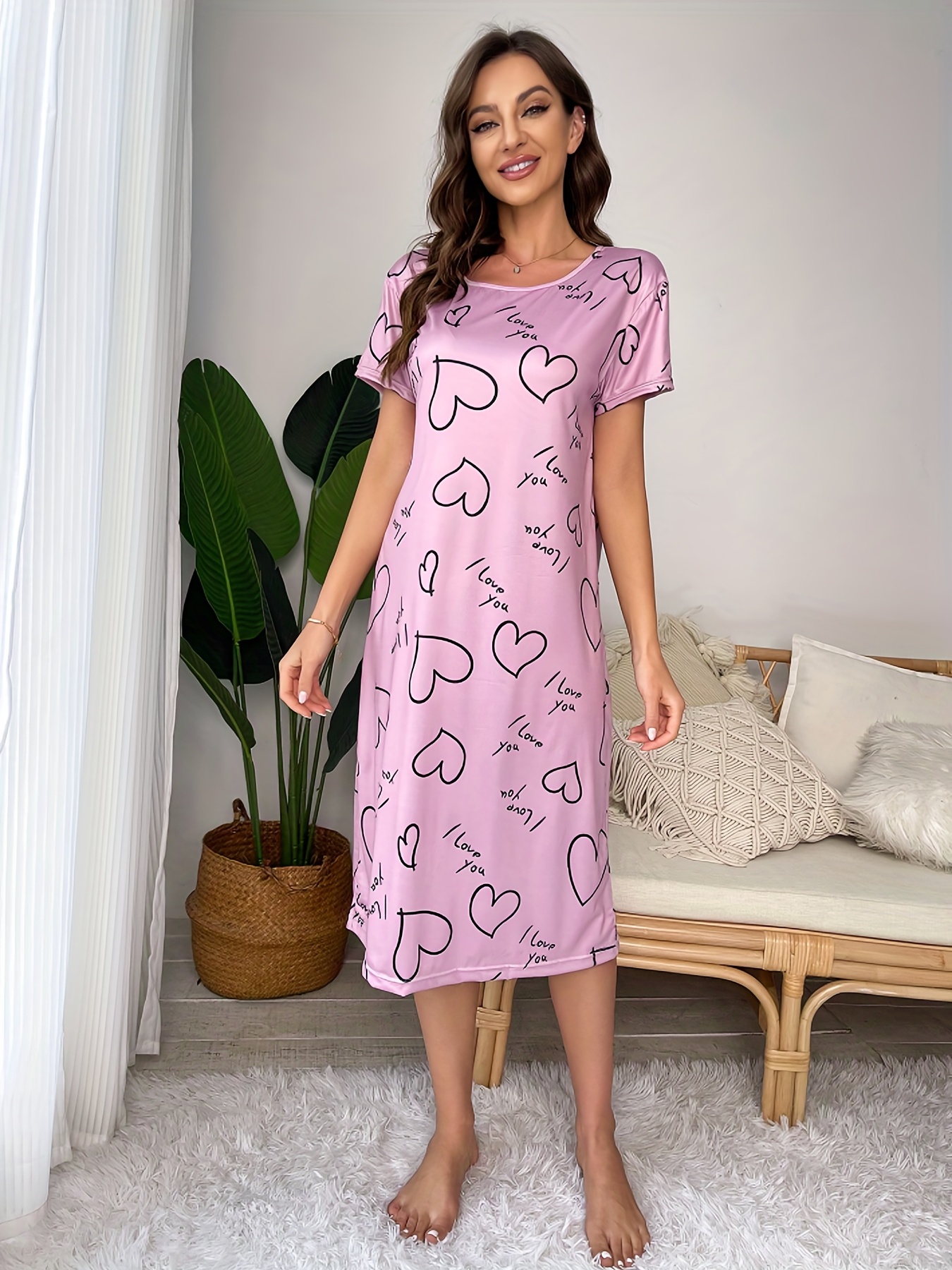 Heart Print Pajama Dress Comfy Smooth Crew Neck Short Sleeve - Temu