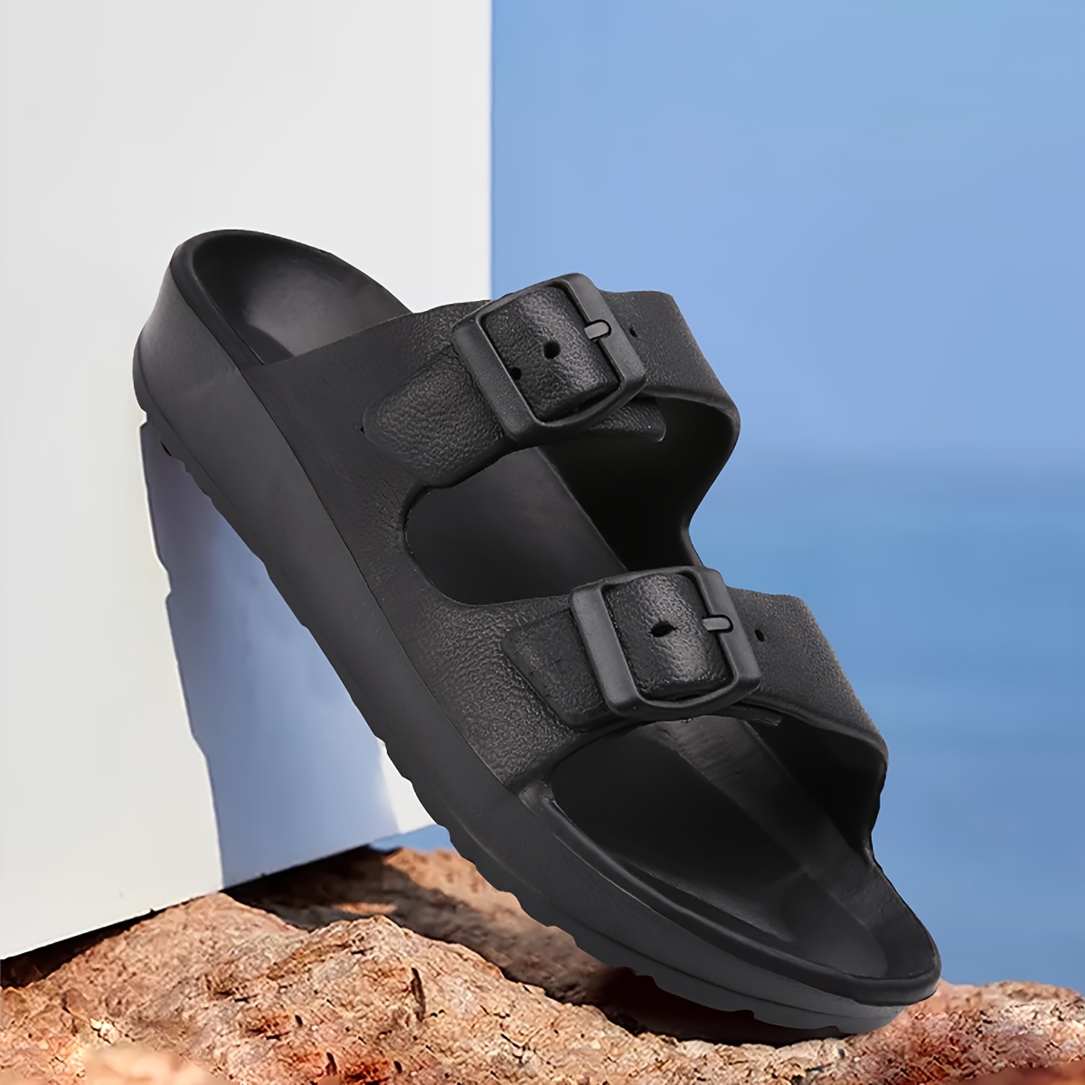  SAGUARO Sandalias planas de doble hebilla para hombre y mujer,  pantuflas de EVA ajustables, Azul marino : Ropa, Zapatos y Joyería
