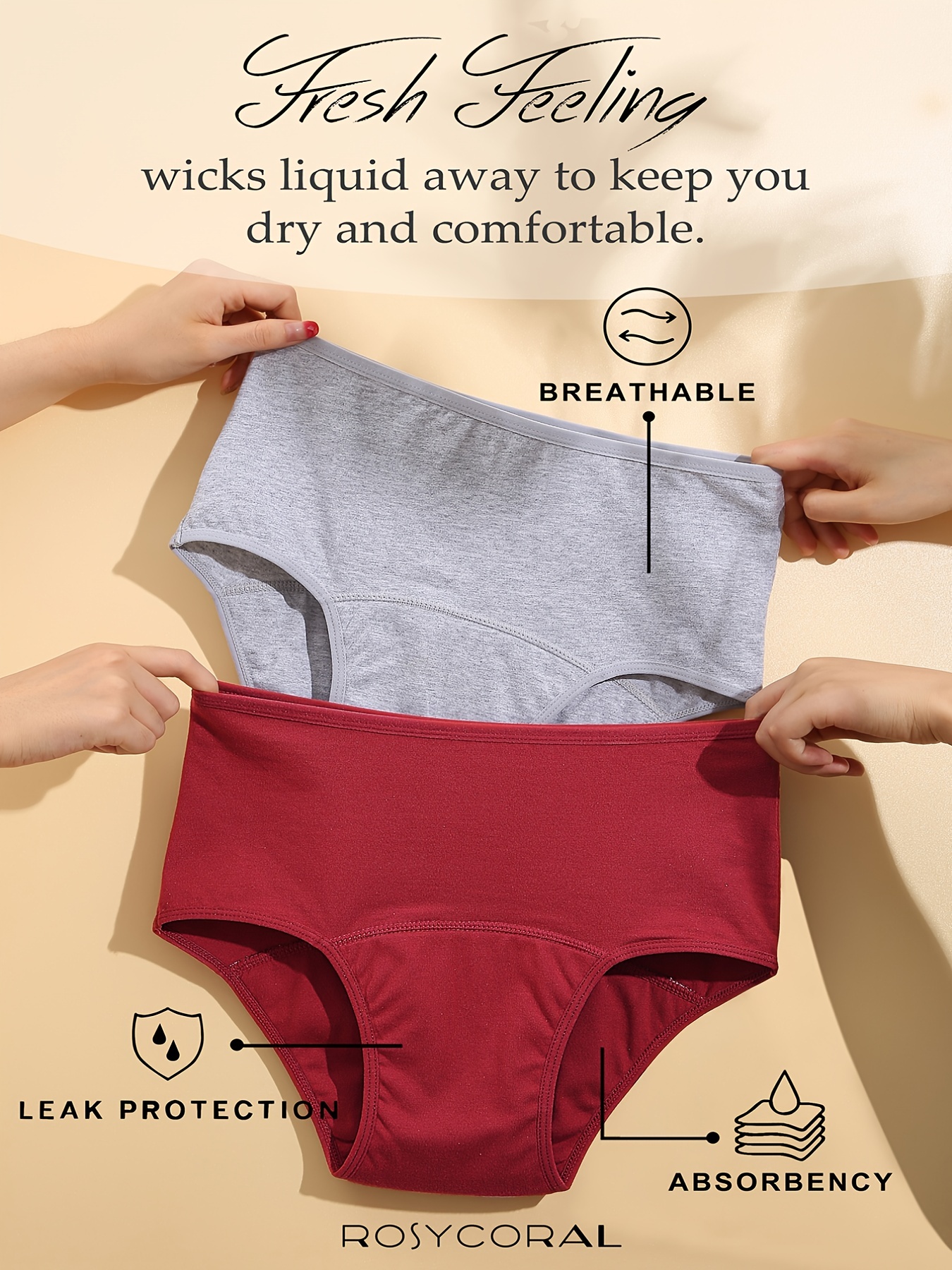 KOERIM Women's Period Underwear Mid Waisted Cotton Menstrual Underwear Soft  Breathable Period Panties Leak Proof Briefs Beige
