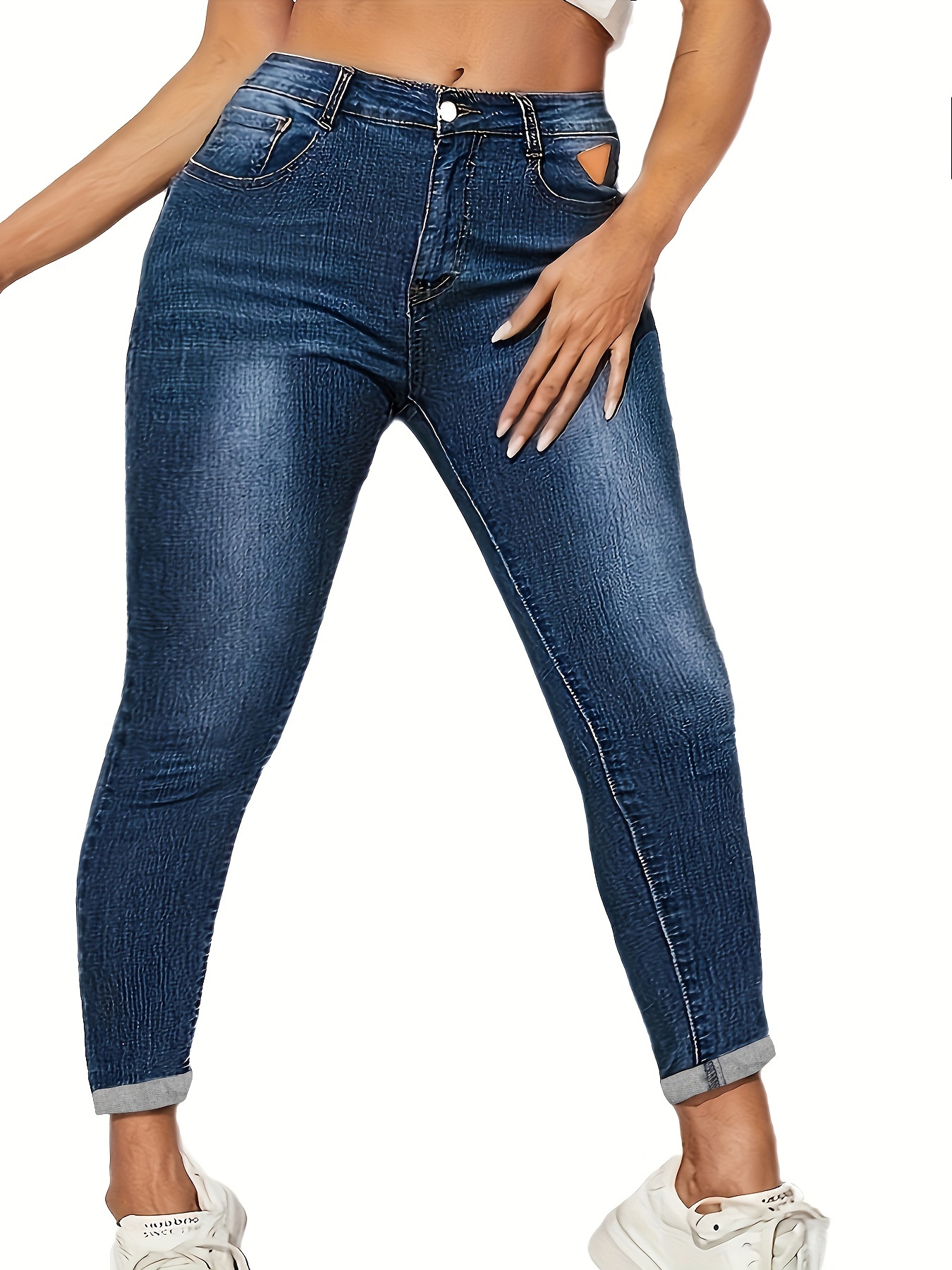 Plus Size Casual Jeans Women's Plus Washed Button Fly Rolled