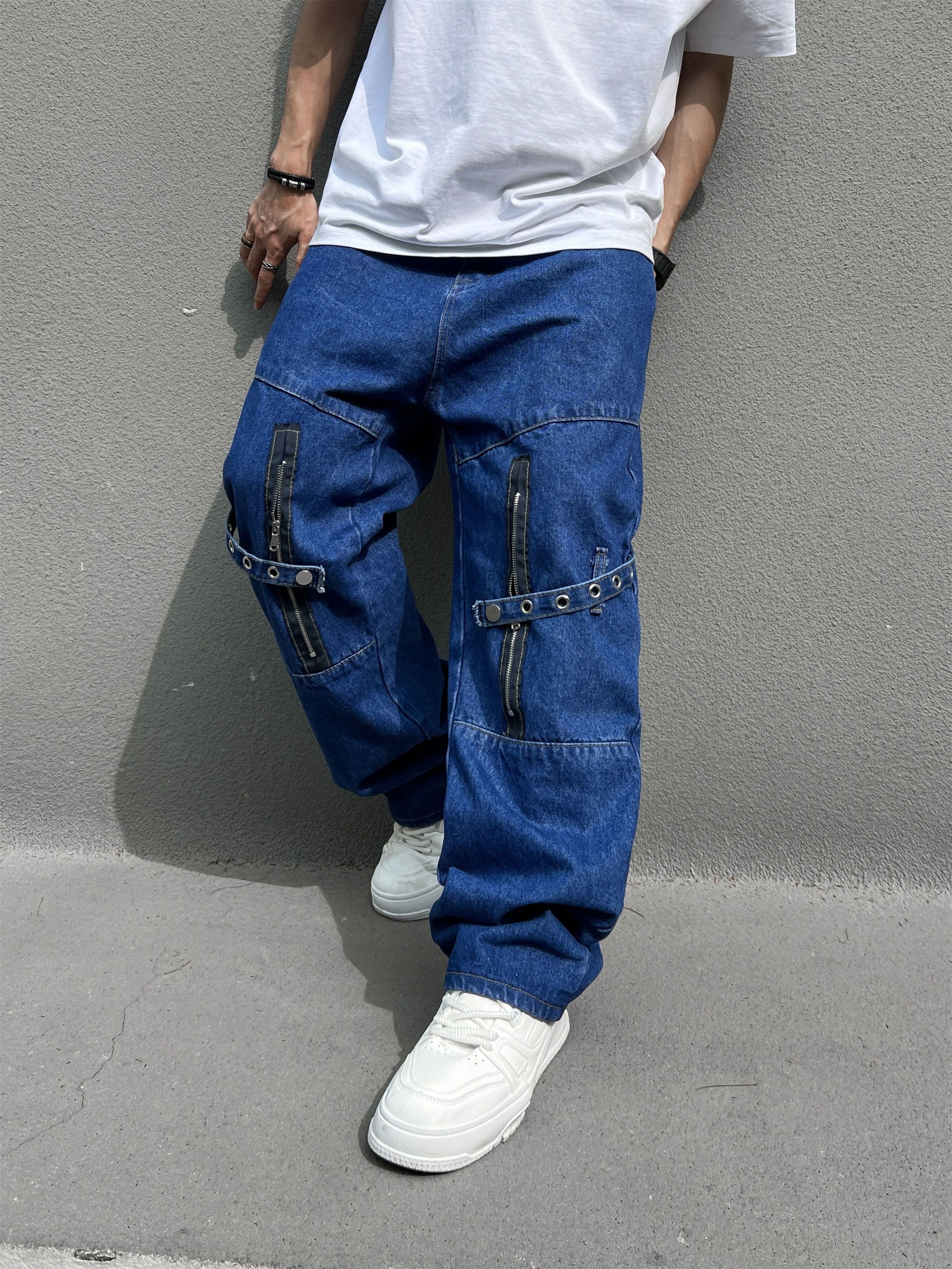 Men Hip-Hop Jeans Denim Cargo Pants Baggy Loose Trouser Skateboard Pocket  Casual