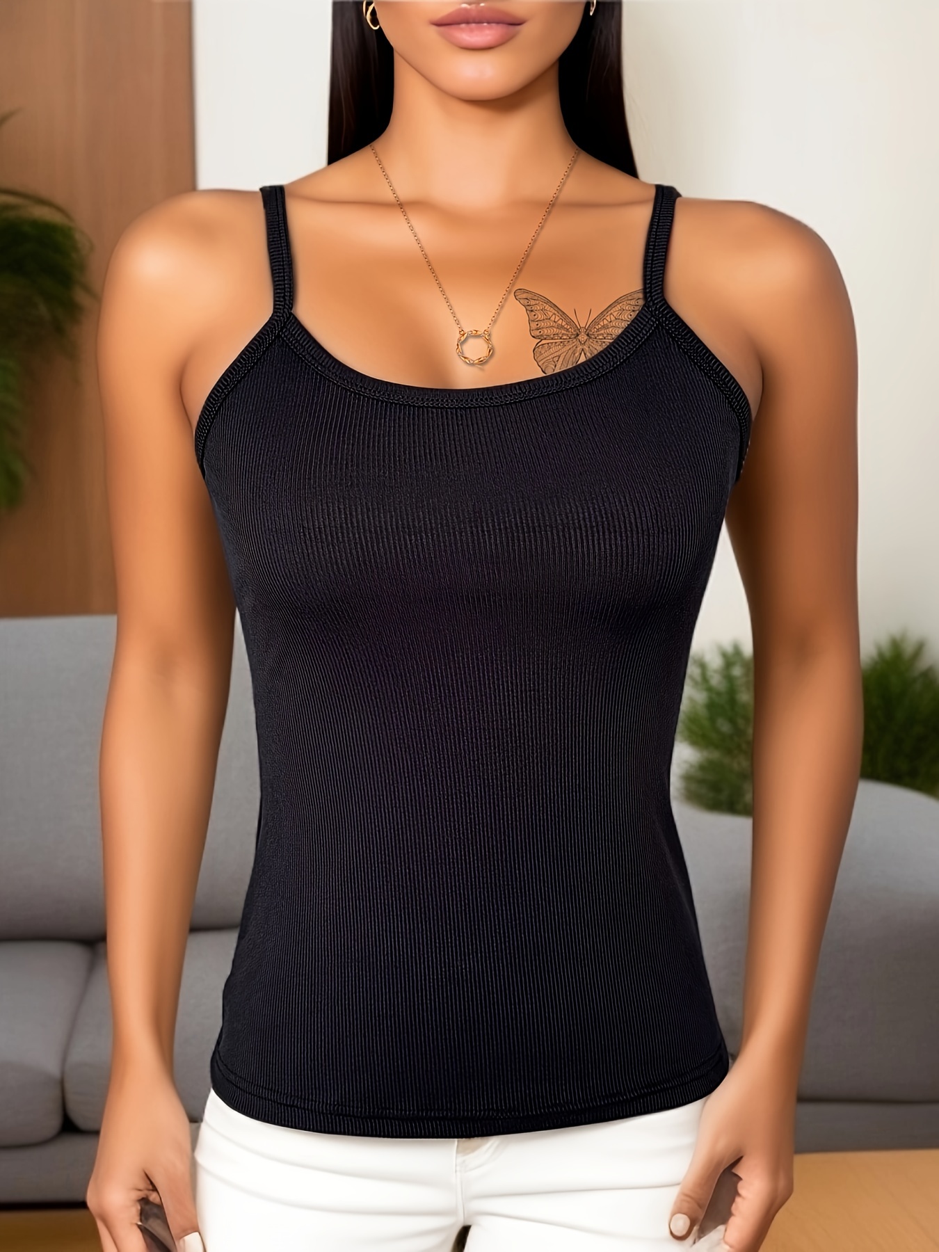 Casual Solid Scoop Neck Tank Top Black Women's Tank Tops & Camis (Women's)