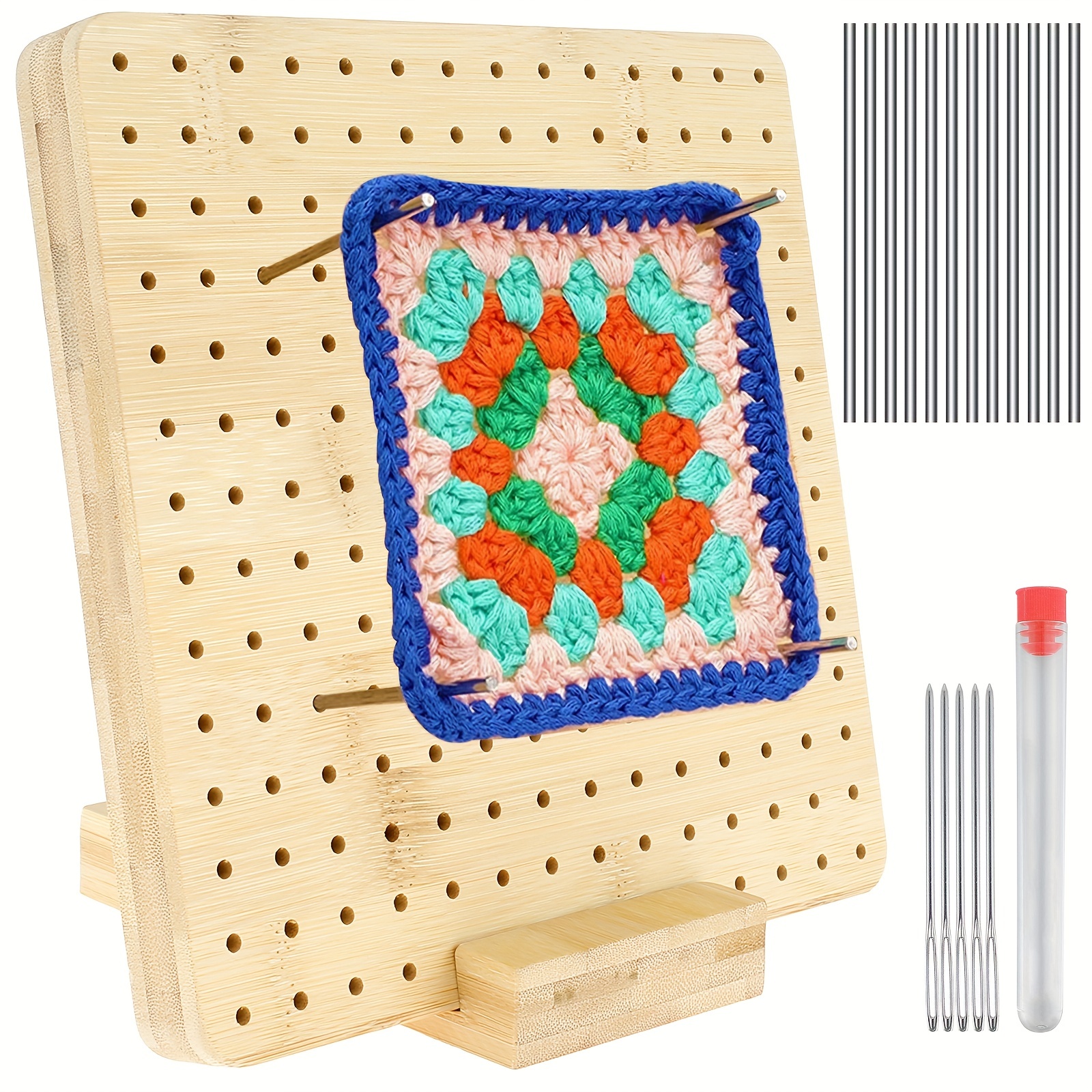 Crochet Blocking Board with 20 Steel Rod Bamboo Wooden Blocking Board with Base 5 Large Hole Needles Reusable Granny Square Blocking Board for