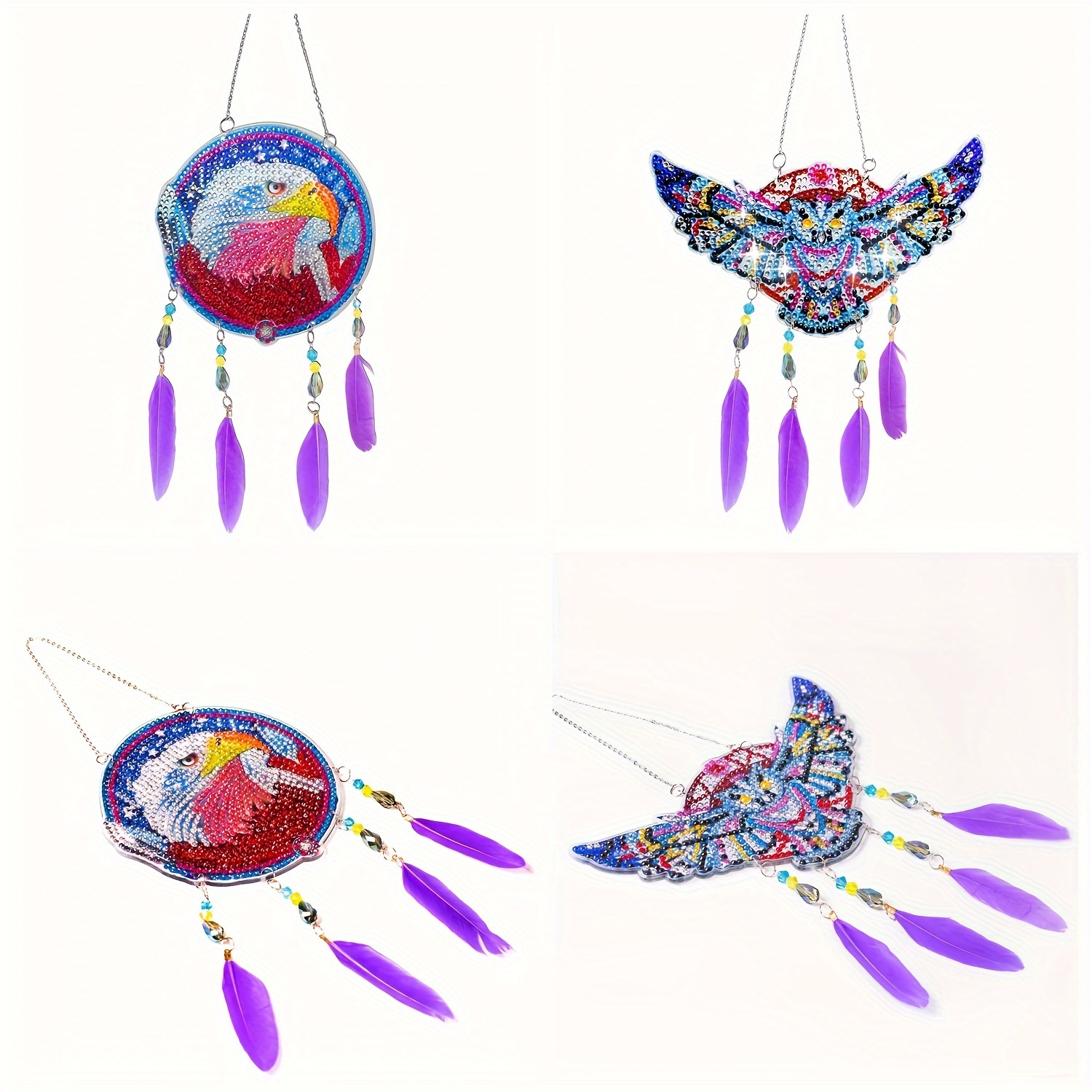 1pc/set DIY Diamond Painting Wind Chimes Eagle Pendant Size 12cm/4.72inch  Acrylic Material Double Sided Dreamcatcher With Feathers For Decoration Eagl