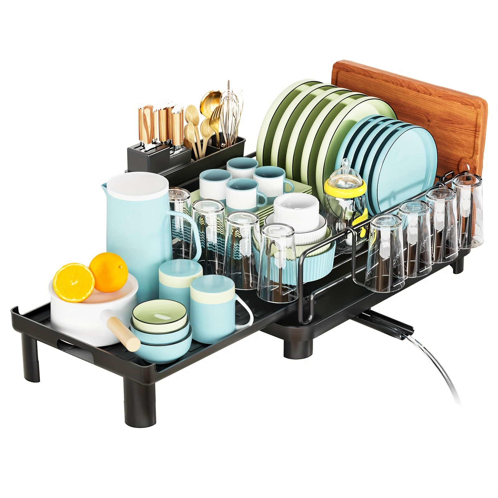 1pc Large Dish Drying Rack, Extendable Dish Rack, Multifunctional Dish Rack  For Kitchen Counter, Anti-Rust Drying Dish Rack With Cutlery & Cup Holders