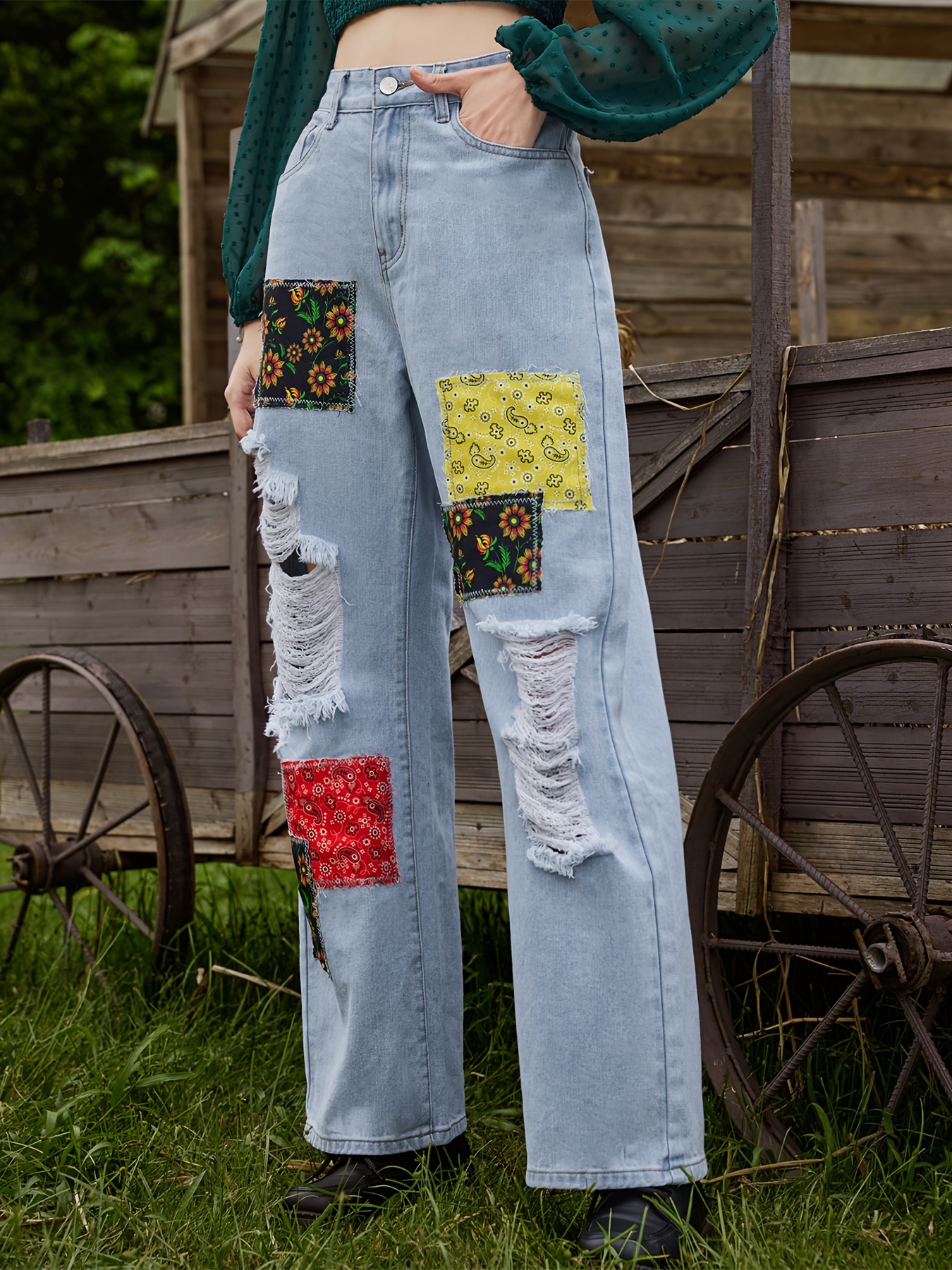 Color block denim jeans cheap