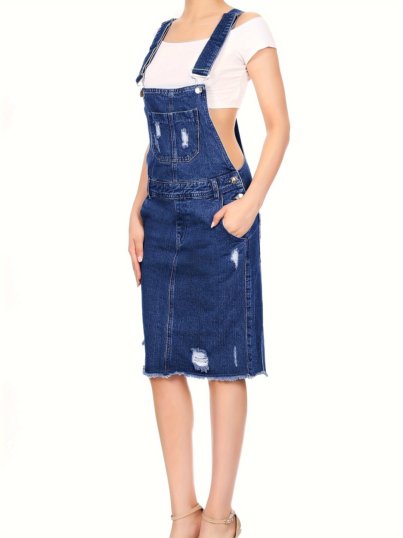 Distressed denim overall dress best sale