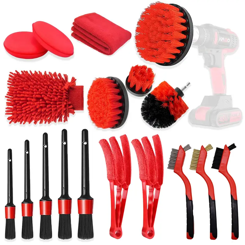 18pcs/set, Car Detailing Cleaning Brush Set, Car Wash Tool Kit, Car Drill  Brush, Wire Brush, Crevice Brush, Dust Brush, Car Washing Gloves, Cloth, For