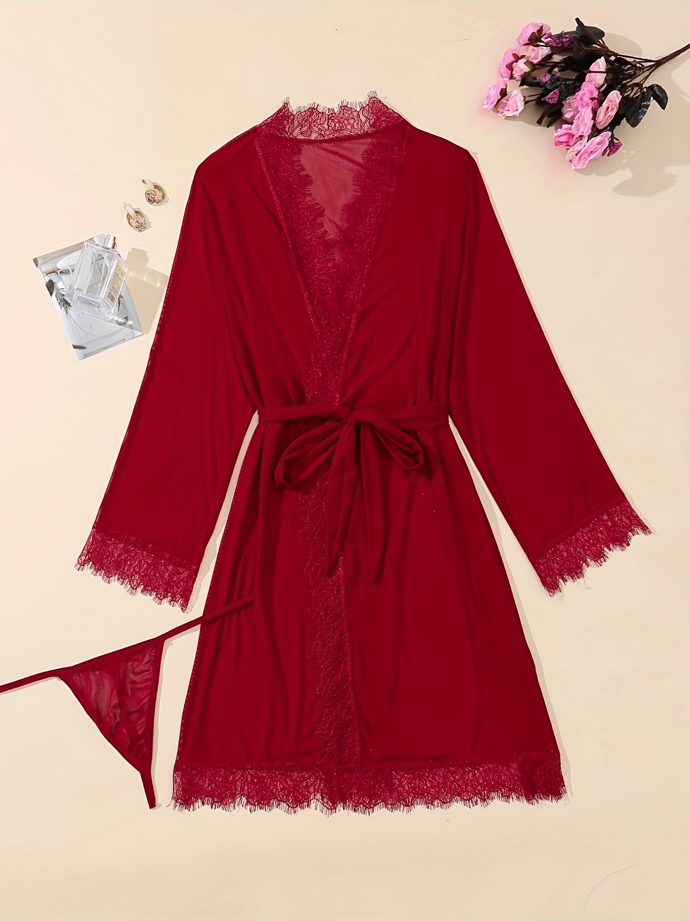 Elegant Floral Lace Lingerie Set, Polka Dot Mesh Robe With Belt & Cut Out  Slip Dress & Thong, Women's Sexy Lingerie & Underwear