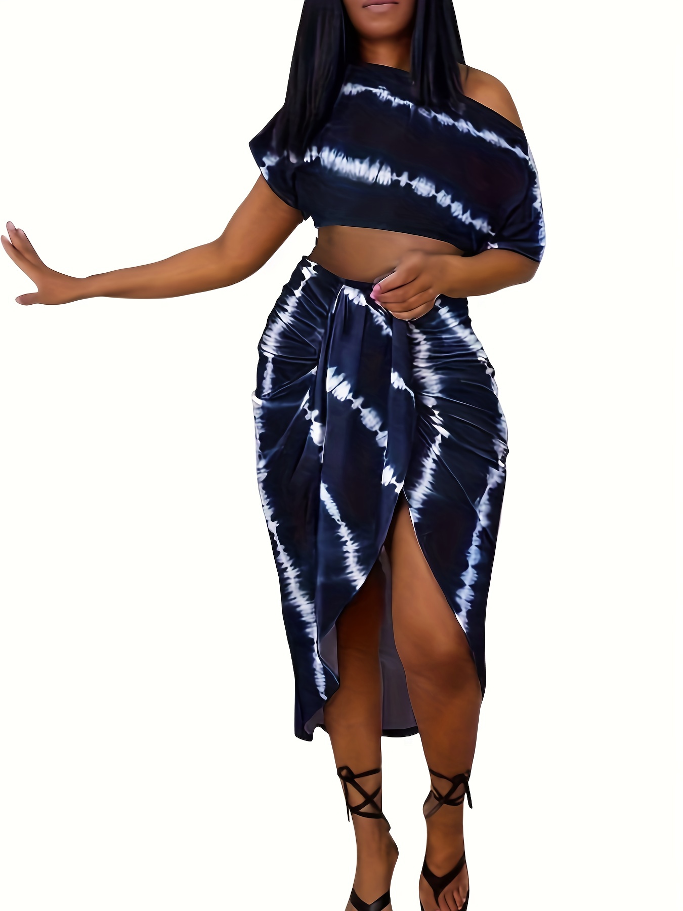 Striped Print Two piece Set Ruched Bag Hip Skirts Outfits