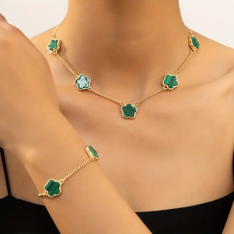 2pcs Necklace Plus Bracelet Dainty Jewelry, Jewels Set Luck Flower Design Match Daily Outfits Dainty Birthday Gift for Girls,Bracelet for Women,Temu