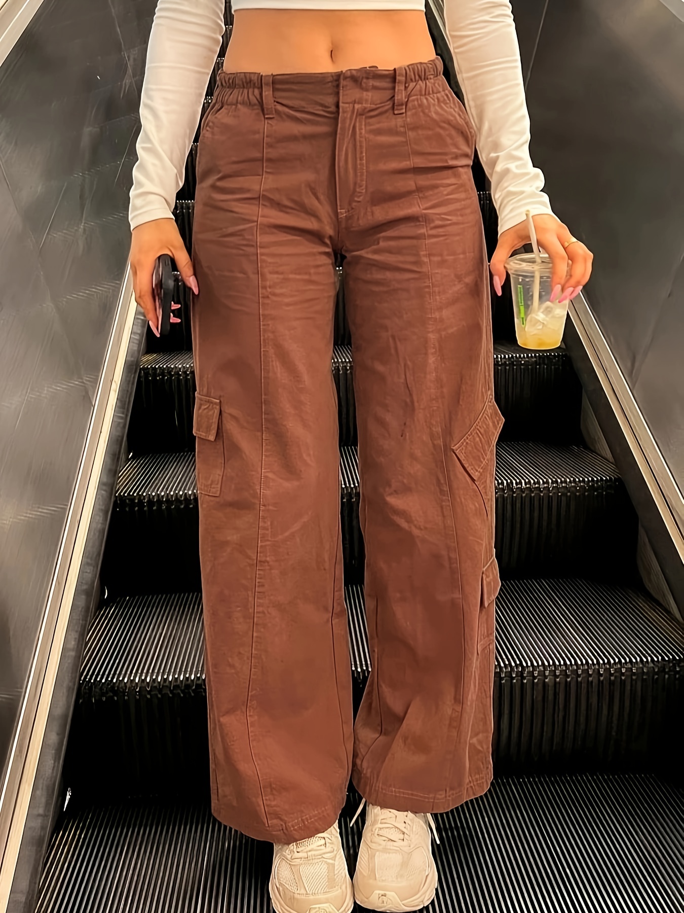 Brown Loose Flap Pockets Cargo Pants High Wide Legs - Temu Japan