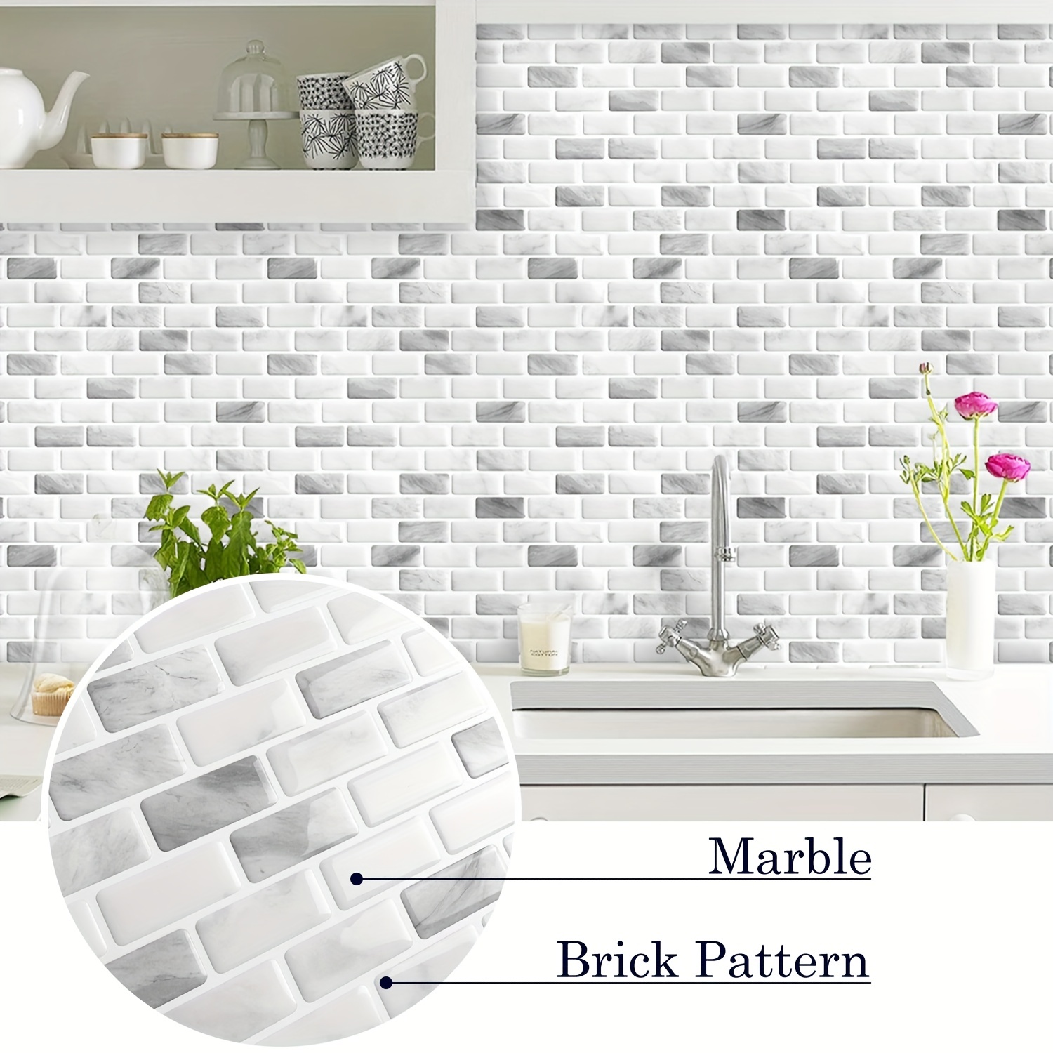 Art3d - Azulejo de pared de PVC de 10 hojas de mármol blanco, azulejos  adhesivos para cocina, tocadores de baño, decoración de chimenea, mesa de