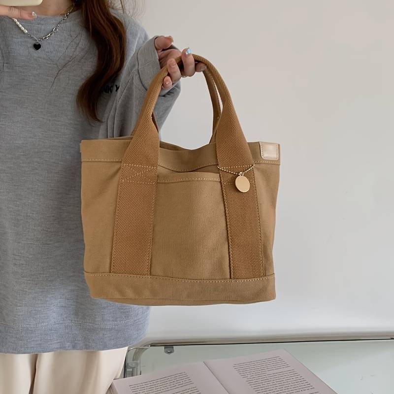 Enkel lærredsstoftaske, trendy ensfarvet håndtaske til kvinder Casual Stor bogtaske til studerende 2