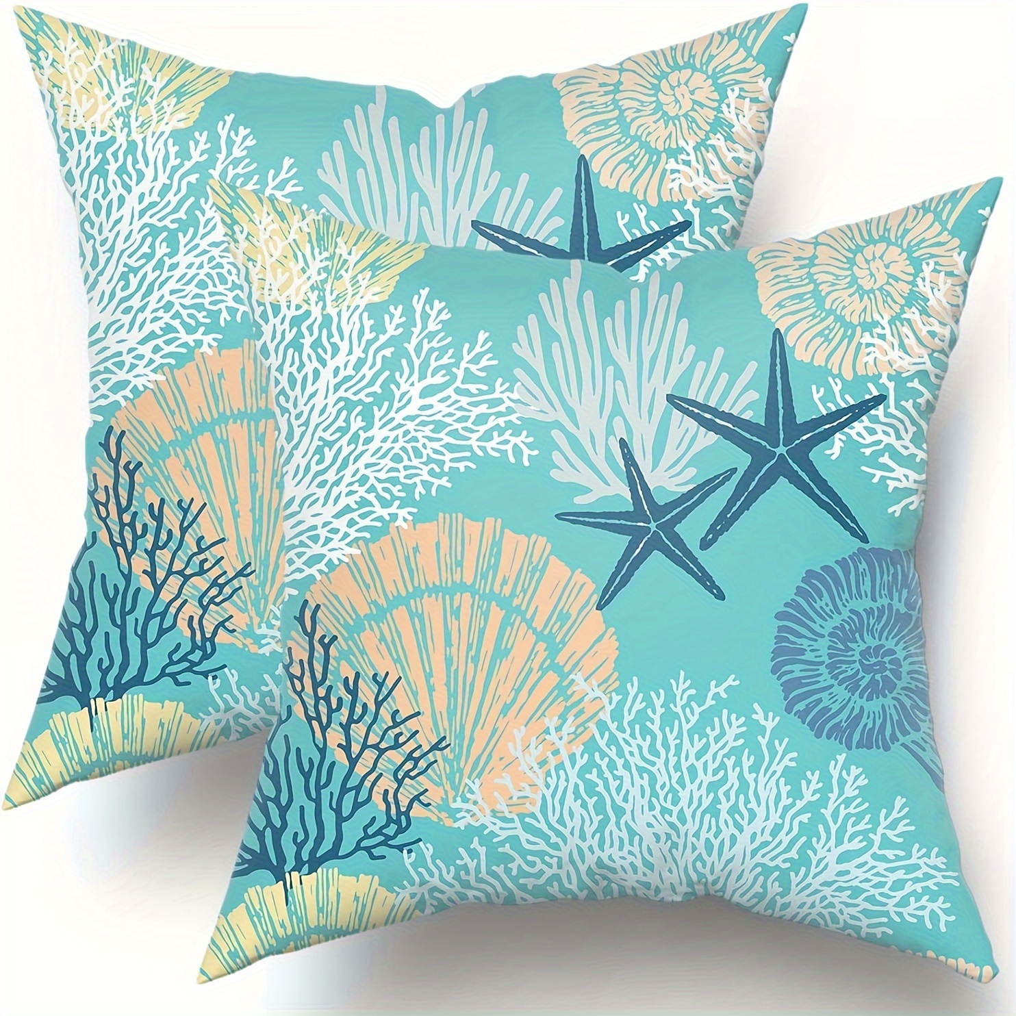 

2pcs, Ocean Coral Pillow Covers 18x18 Inch Nautical Coastal Throw Pillows Beach Seashell Starfish Pillow Case Soft Cotton Square Cushion Covers For Home Couch Sofa Patio Bedroom