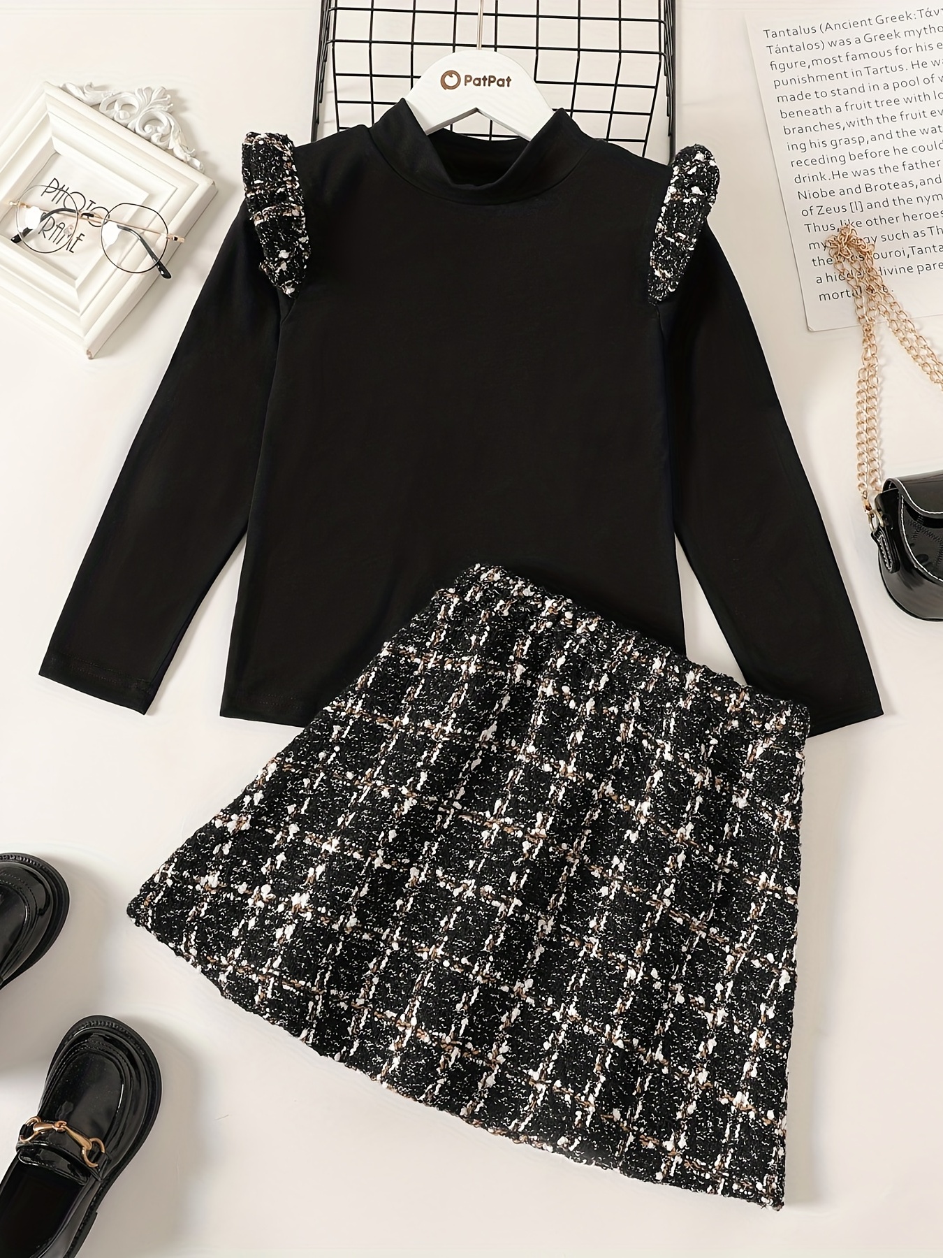 2-piece Toddler Girl Mock Neck Ribbed Long-sleeve Black Top and Button Design Plaid Skirt Set