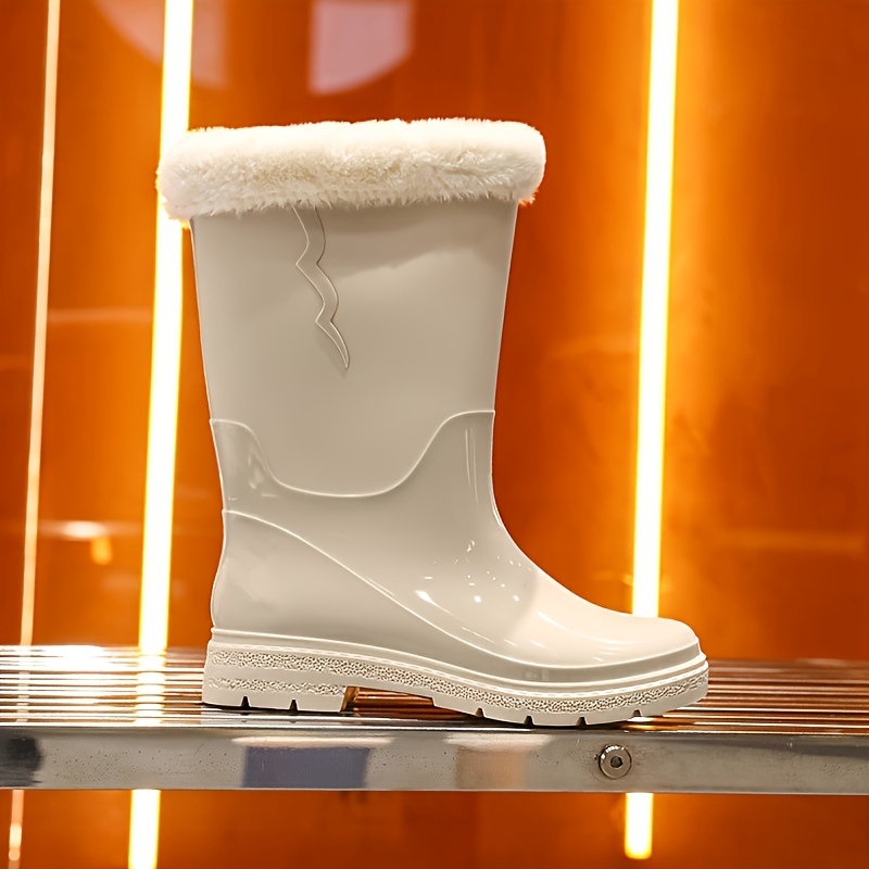 Women's Fleece Lined Rain Boots Waterproof Mid Calf Rubber Shoes