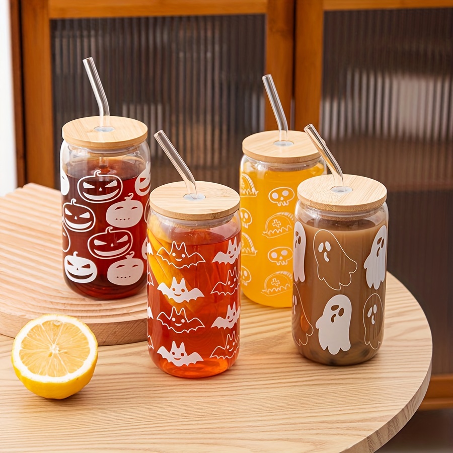 Ice Coffee Cup With Bamboo Lid And Glass Straw, Coffee Printed High  Borosilicate Glass Beer Can Shaped Cup, Halloween Gifts - Temu
