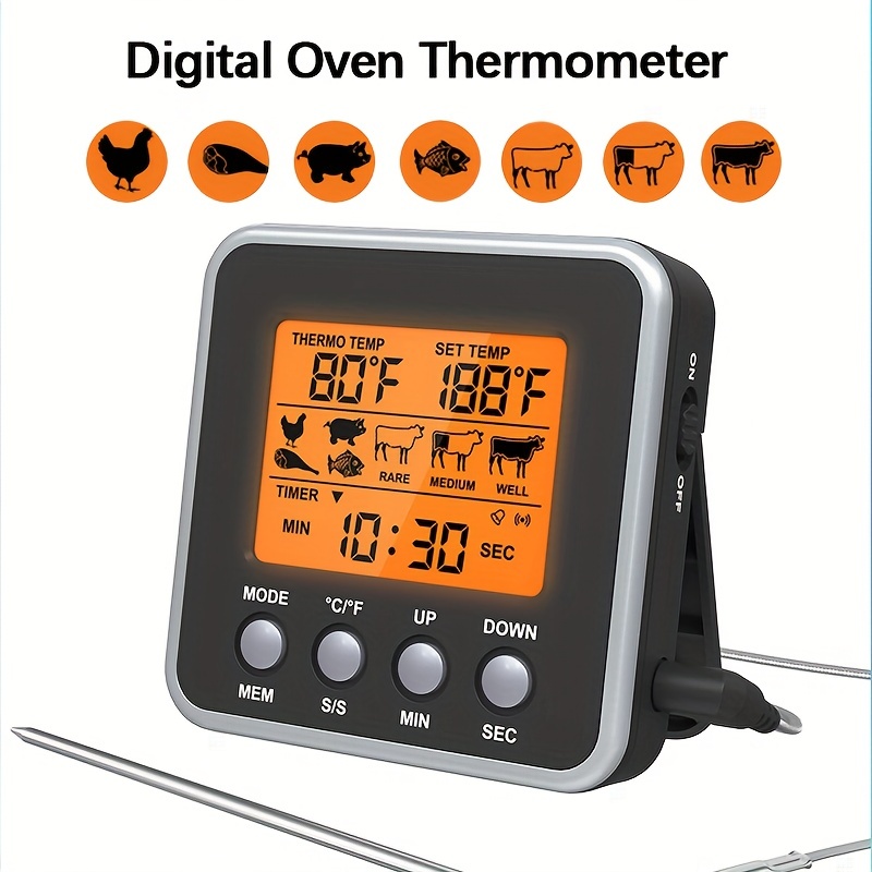 Oven Thermometer, With Meat Probe & Timer, Digital, Magnetic, 2