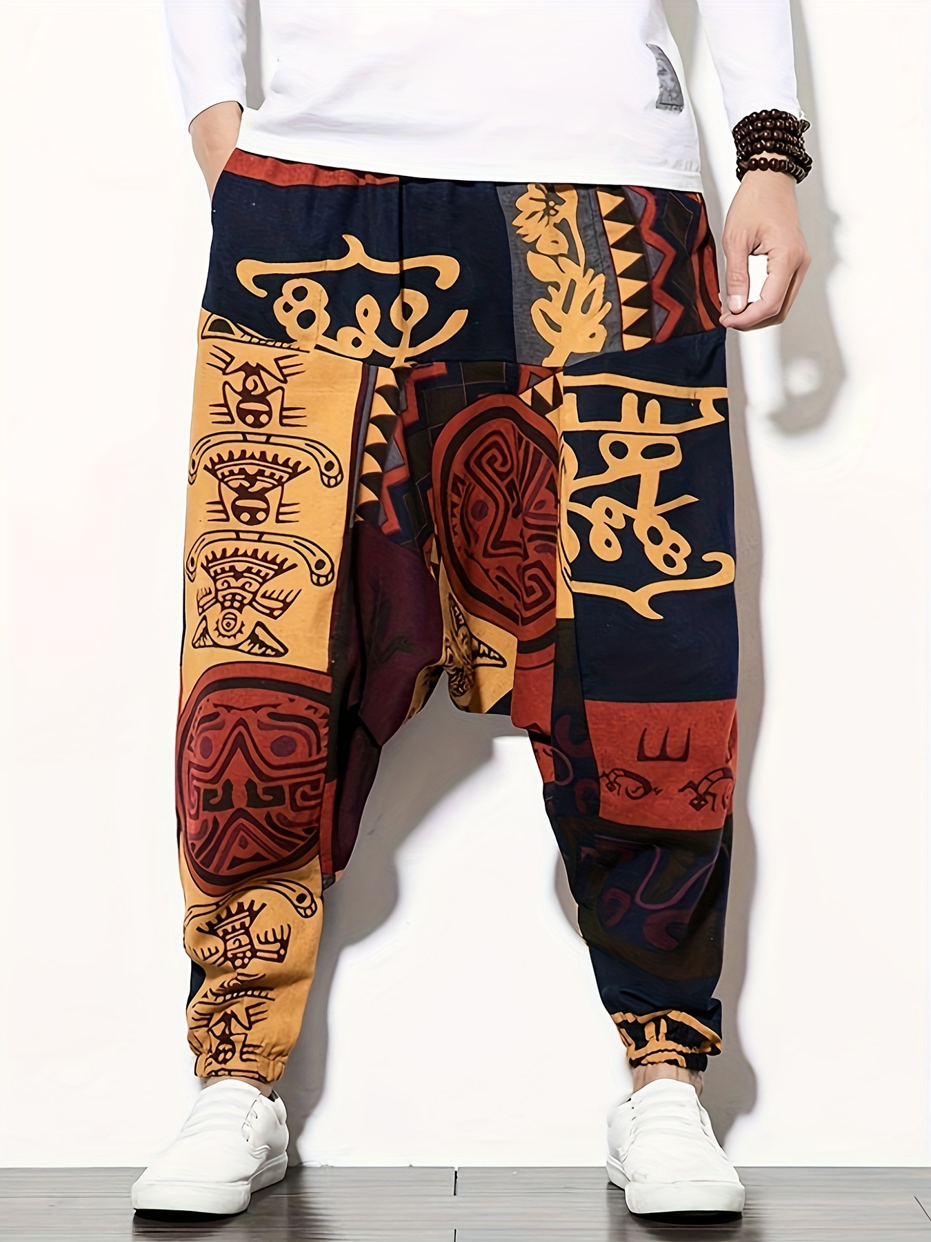 Ethnic Pattern Vintage Cotton Harem Pants Men's Casual Drop - Temu Canada