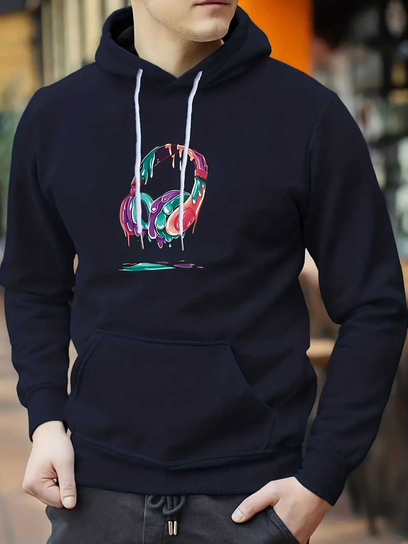 Headphone Print Hoodie, Cool Hoodies For Men, Men's Casual Graphic