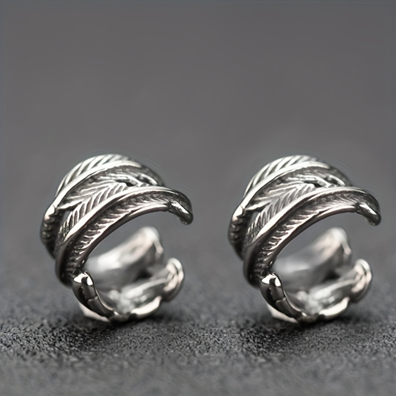 Men's Vintage Silver Ear Cuff with Feather Design