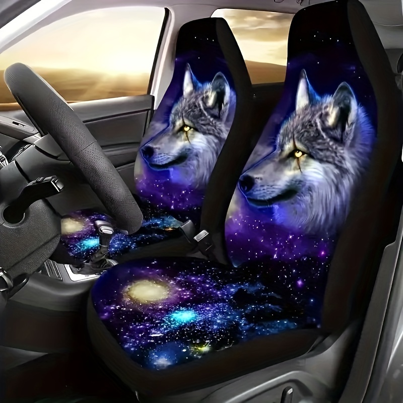 

2pcs Fabric Car Seat Cover, Wolf Totem High Back Print Seat Cover, Universal For All Seasons