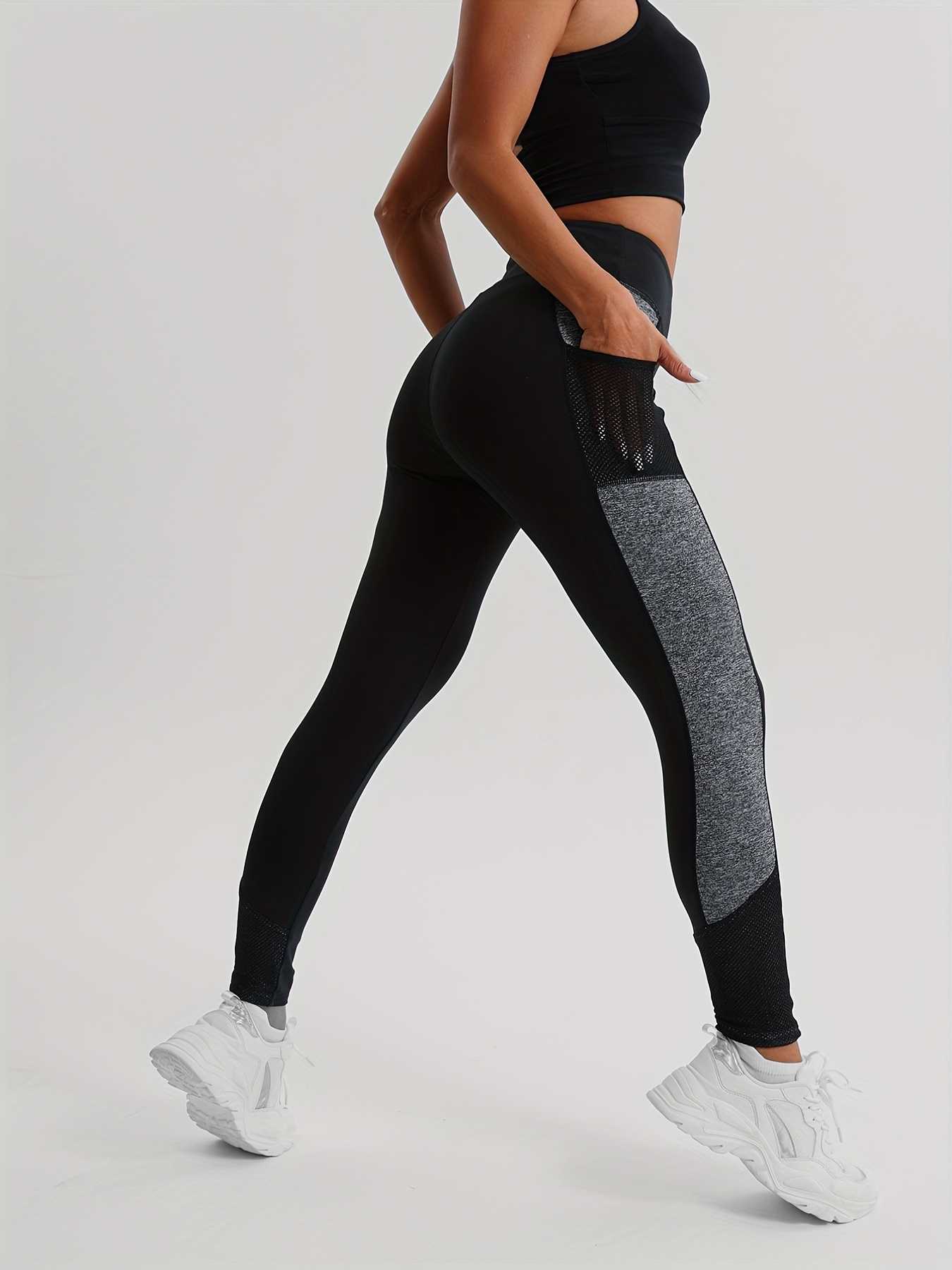 Activewear High Waisted Black and Grey Color Mesh Workout Leggings