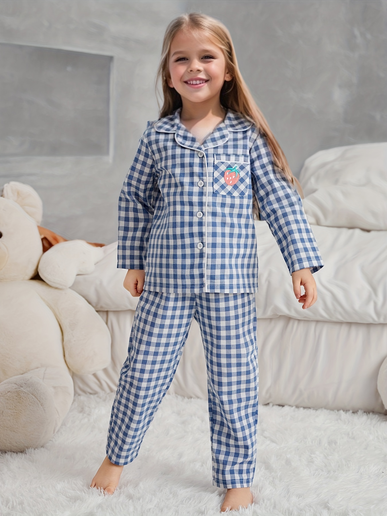 Girl's Pajamas Button Front Top Elastic Waist Pants Set - Temu